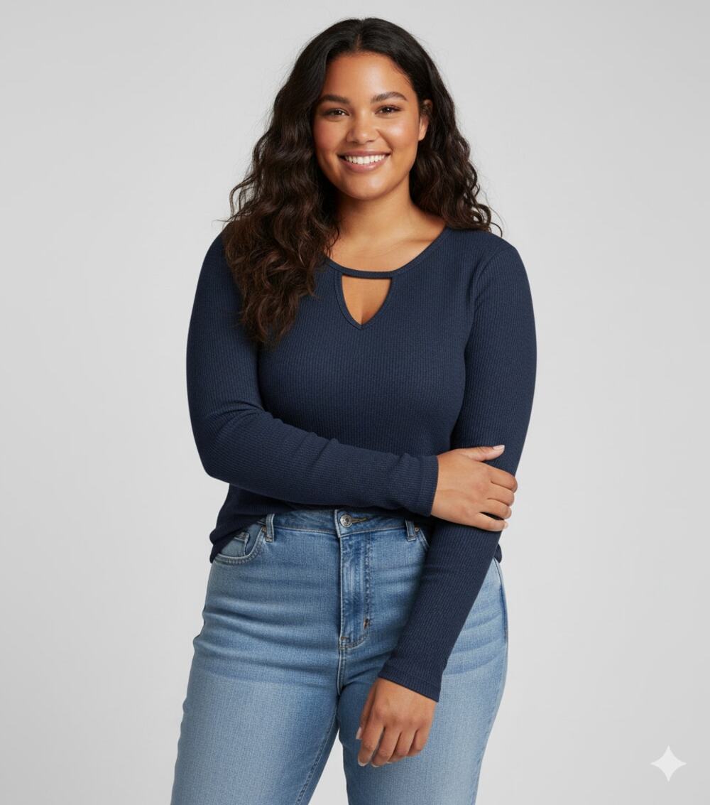 Lane Bryant Women 1x Navy Waffle Knit Thermal Long Sleeve T-shirt Top